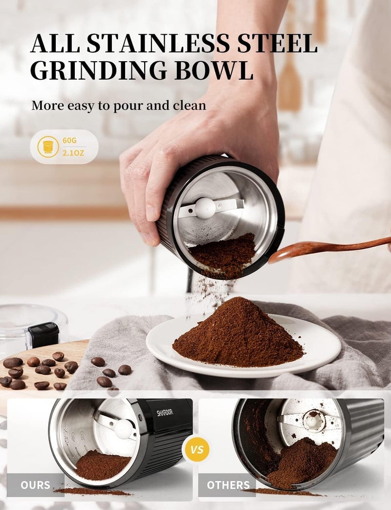 SHARDOR Electric Coffee Grinder with Safe and Durable 304 Stainless Steel Blades,Fast Grinding for Coffee Beans, Dried Spice, Nuts, Herbs with Cleaning Brush - Image 4