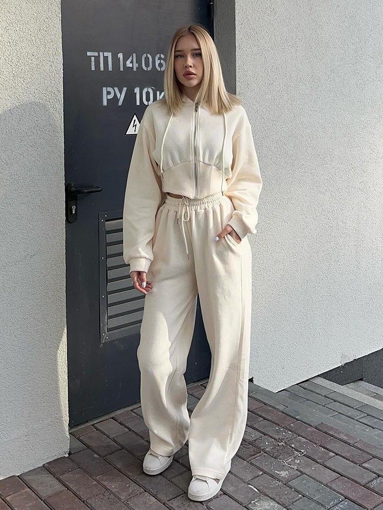 European and American Autumn New 2024 Casual Womens suit Long-sleeved Zipper Hoodie Solid Color Lace-up Pants Two-piece Set Apricot