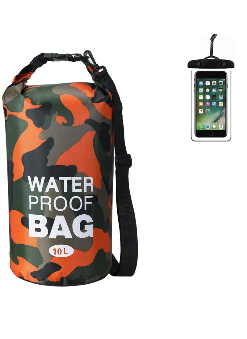 FengSVMA Waterproof Dry Bag Backpack Floating Roll Top Dry Compression Sack Keeps Gear Dry for Kayaking Beach Rafting Boating Hiking Camping and Fishing with Waterproof Phone Case (Orange Camo, 10L)  - Image 1