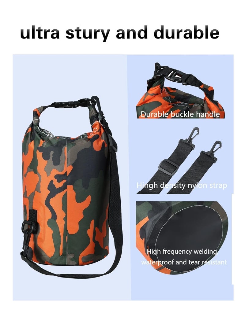 FengSVMA Waterproof Dry Bag Backpack Floating Roll Top Dry Compression Sack Keeps Gear Dry for Kayaking Beach Rafting Boating Hiking Camping and Fishing with Waterproof Phone Case (Orange Camo, 10L)  - Image 2