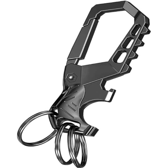 HEAVY DUTY METAL CARABINER KEYCHAIN WITH BOTTLE OPENER, 3 KEY RINGS, 8.1CM LENGTH, BLACK - Image 1