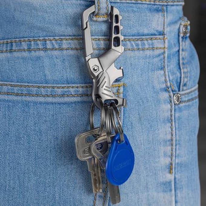 HEAVY DUTY METAL CARABINER KEYCHAIN WITH BOTTLE OPENER, 3 KEY RINGS, 8.1CM LENGTH, BLACK - Image 2
