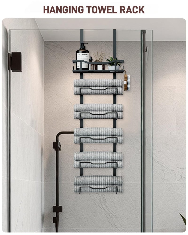 Aetyord Hanging Towel Racks for Bathroom No Drill - 6-Tier Over The Door Bath Towel Storage Organizer for Small Bathrooms - Tiered Back of Door Towel Holder Hanger for Rolled Towels RV Camper Black - Image 3
