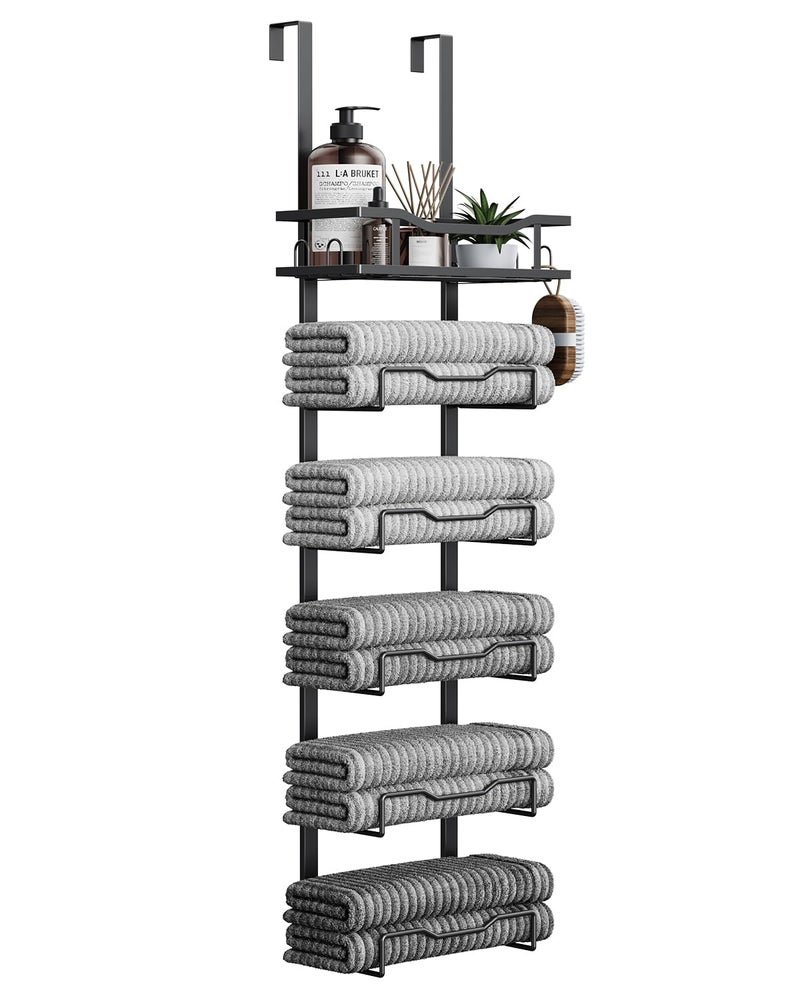 Aetyord Hanging Towel Racks for Bathroom No Drill - 6-Tier Over The Door Bath Towel Storage Organizer for Small Bathrooms - Tiered Back of Door Towel Holder Hanger for Rolled Towels RV Camper Black - Image 1
