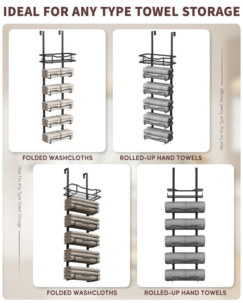 Aetyord Hanging Towel Racks for Bathroom No Drill - 6-Tier Over The Door Bath Towel Storage Organizer for Small Bathrooms - Tiered Back of Door Towel Holder Hanger for Rolled Towels RV Camper Black - Image 5