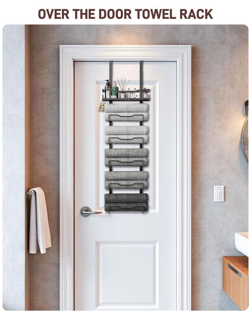 Aetyord Hanging Towel Racks for Bathroom No Drill - 6-Tier Over The Door Bath Towel Storage Organizer for Small Bathrooms - Tiered Back of Door Towel Holder Hanger for Rolled Towels RV Camper Black - Image 2