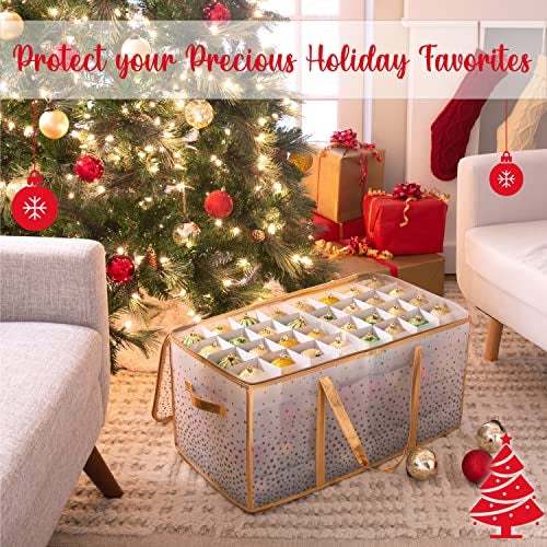 Simplify 128 Count Organizer Christmas Ornament Storage | Dimensions: 26.4"x 13.5"x 13.4" | Gold | Easy Carry Handles | Christmas Organization | Zipper Closure | Holds 128 Ornaments - Image 4