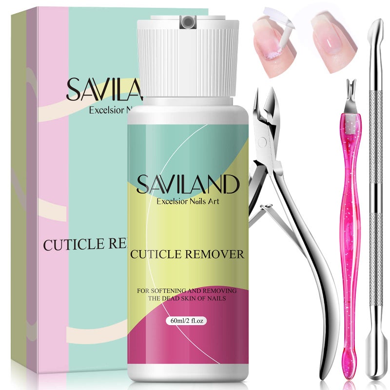 SAVILAND Cuticle Remover Kit Professional Nail Care Manicure Kit - 2.03 OZ Cuticle Remover Liquid Cream with Cuticle Trimmer, Cuticle Nipper and Cuticle Pusher, Christmas Gifts for Women - Image 1