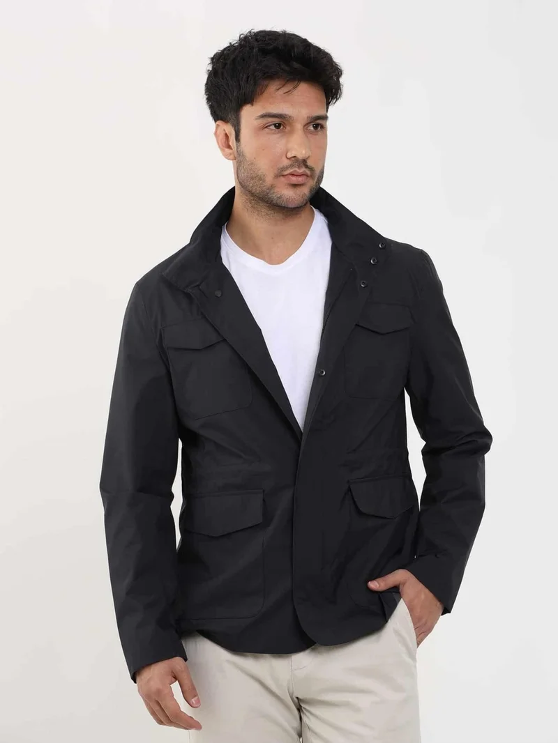 دوفي Navy Blue Men's Regular Fit Plain Stand Collar Safari Coat - 104369
