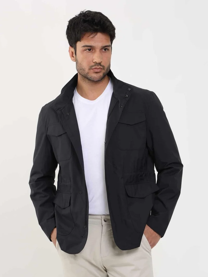 دوفي Navy Blue Men's Regular Fit Plain Stand Collar Safari Coat - 104369
