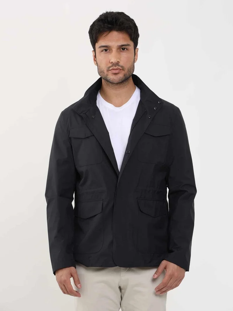 دوفي Navy Blue Men's Regular Fit Plain Stand Collar Safari Coat - 104369