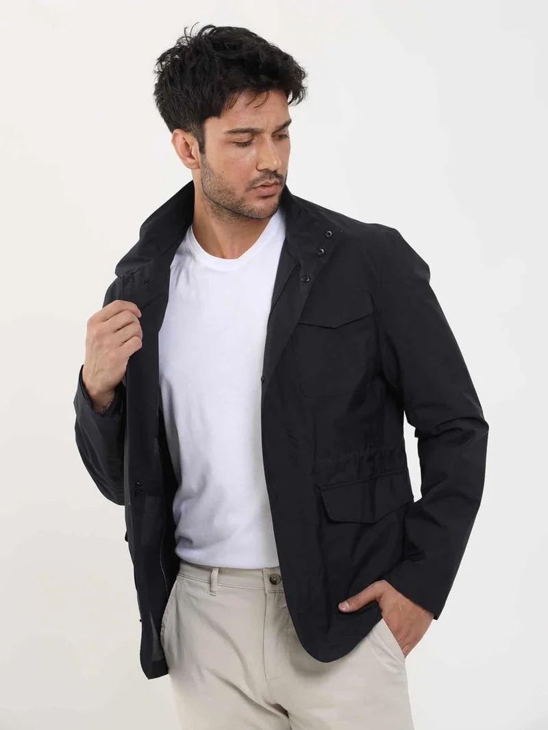 دوفي Navy Blue Men's Regular Fit Plain Stand Collar Safari Coat - 104369