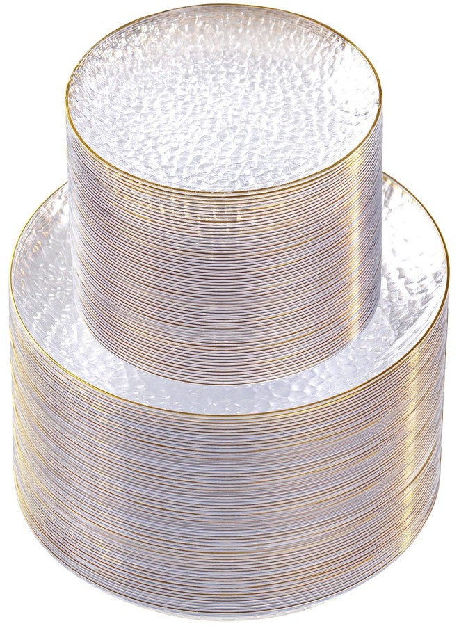 SUT 100Pcs Clear Plastic Plates, Hammered Plates Disposable Heavy Duty, Clear Disposable Plates With Gold Rim, Fancy Plastic plates Include 50 Dinner and 50 Dessert plates for Wedding - Image 1