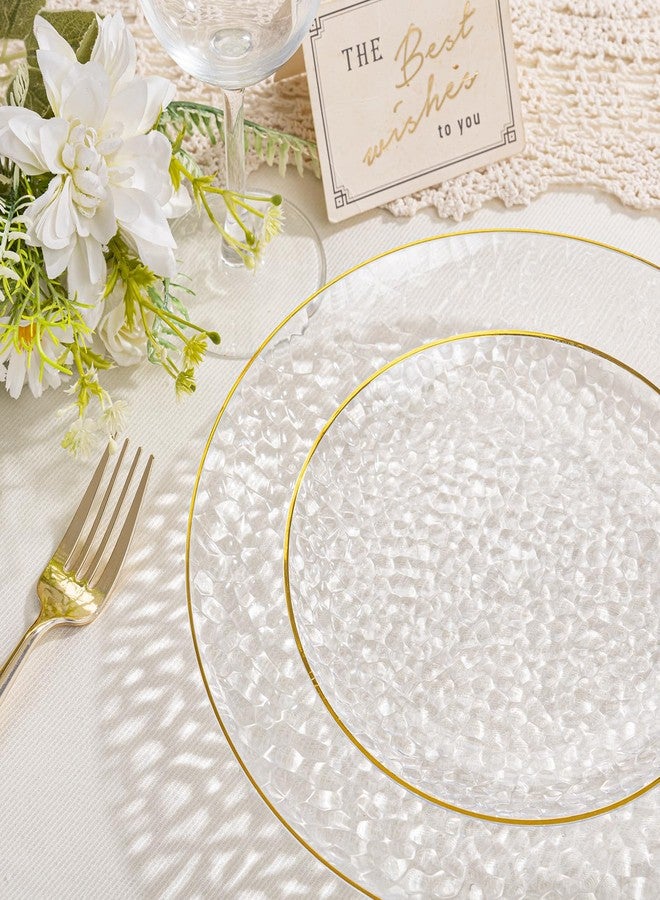 SUT 100Pcs Clear Plastic Plates, Hammered Plates Disposable Heavy Duty, Clear Disposable Plates With Gold Rim, Fancy Plastic plates Include 50 Dinner and 50 Dessert plates for Wedding - Image 3