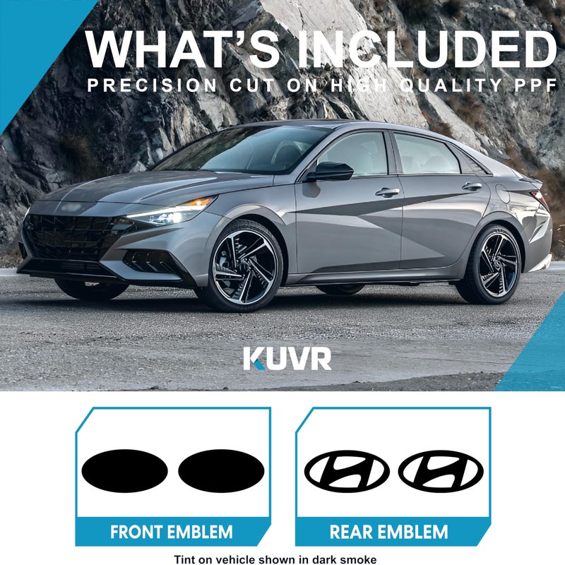 Kuvrü KUVR Pre-Cut Front & Rear Emblem Tint Compatible with Hyundai Elantra 2021-2023 | Precision Cut Stretchable PPF Vinyl Overlay Cover Wrap Dark Smoke (Pack of 4) - Image 3