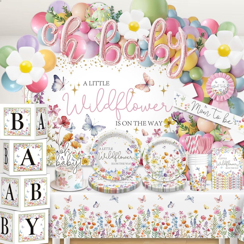 cocomigo Wildflower Baby Shower Decorations for Girl AllinOne Set A Wildflower is on the Way Baby Shower Decor Wildflower Balloon arch Cake Topper Tableware Balloon Box Backdrop Sash Corsage Etc - Image 2