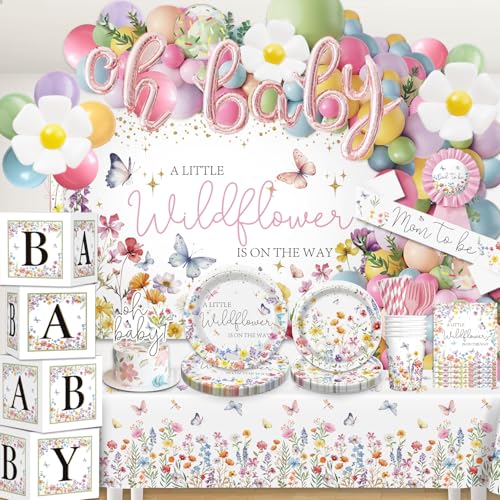 cocomigo Wildflower Baby Shower Decorations for Girl AllinOne Set A Wildflower is on the Way Baby Shower Decor Wildflower Balloon arch Cake Topper Tableware Balloon Box Backdrop Sash Corsage Etc - Image 1