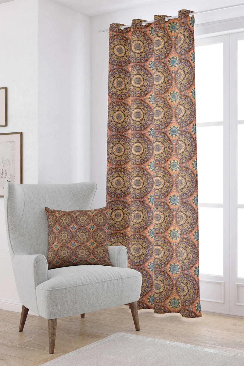 كانغو هوم Orange Ethnic Retro Vintage Patterned Digital Printed Curtain OTYK014-PR