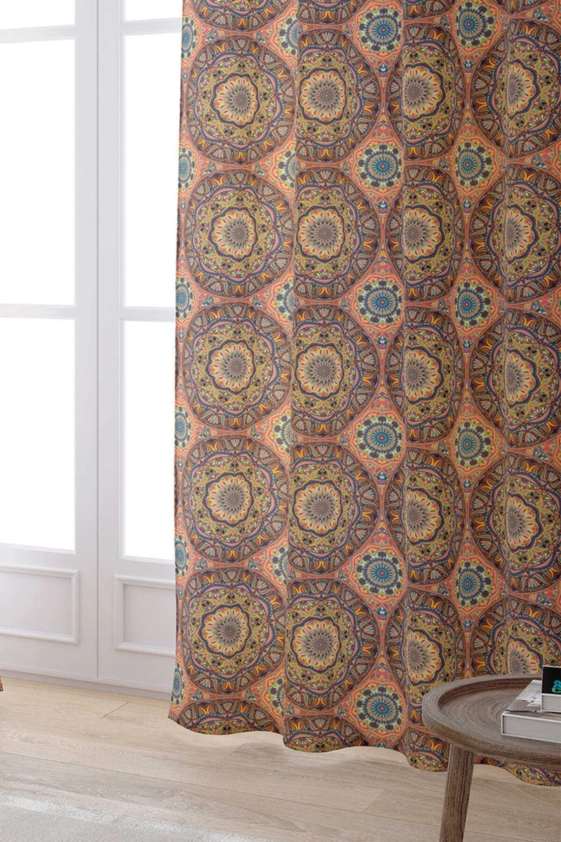 كانغو هوم Orange Ethnic Retro Vintage Patterned Digital Printed Curtain OTYK014-PR