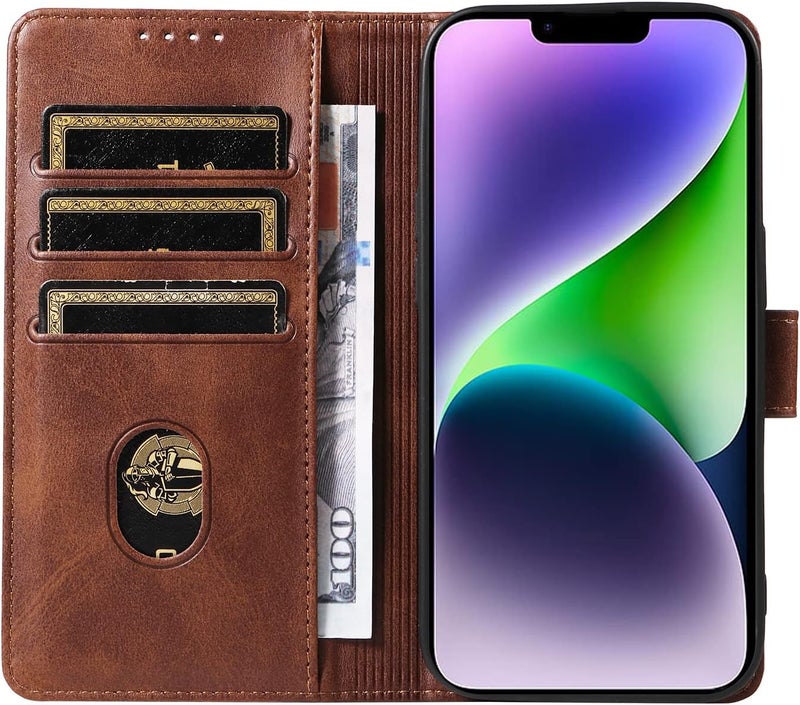 RKINC Transparent body for iPhone 13/14 Case with 3 Card Slots PU Leather Wallet Magnetic Flip Closure Folio Cover, Card Holders Kickstand Shockproof TPU Protective Phone Case, Brown Foldable - Image 5