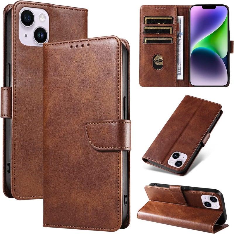 RKINC Transparent body for iPhone 13/14 Case with 3 Card Slots PU Leather Wallet Magnetic Flip Closure Folio Cover, Card Holders Kickstand Shockproof TPU Protective Phone Case, Brown Foldable - Image 1