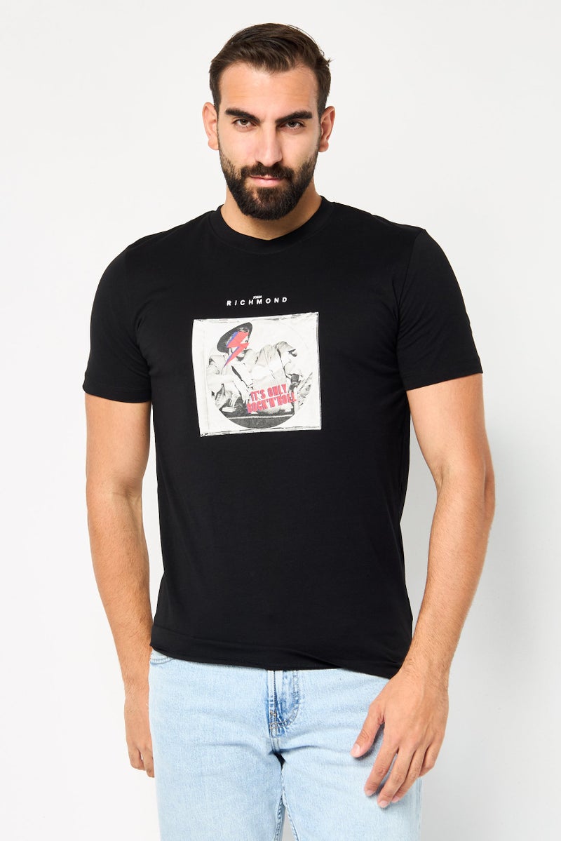 JOHN RICHMOND Men Crew Neck Short Sleeve Graphic T Shirt, Black  - Image 1