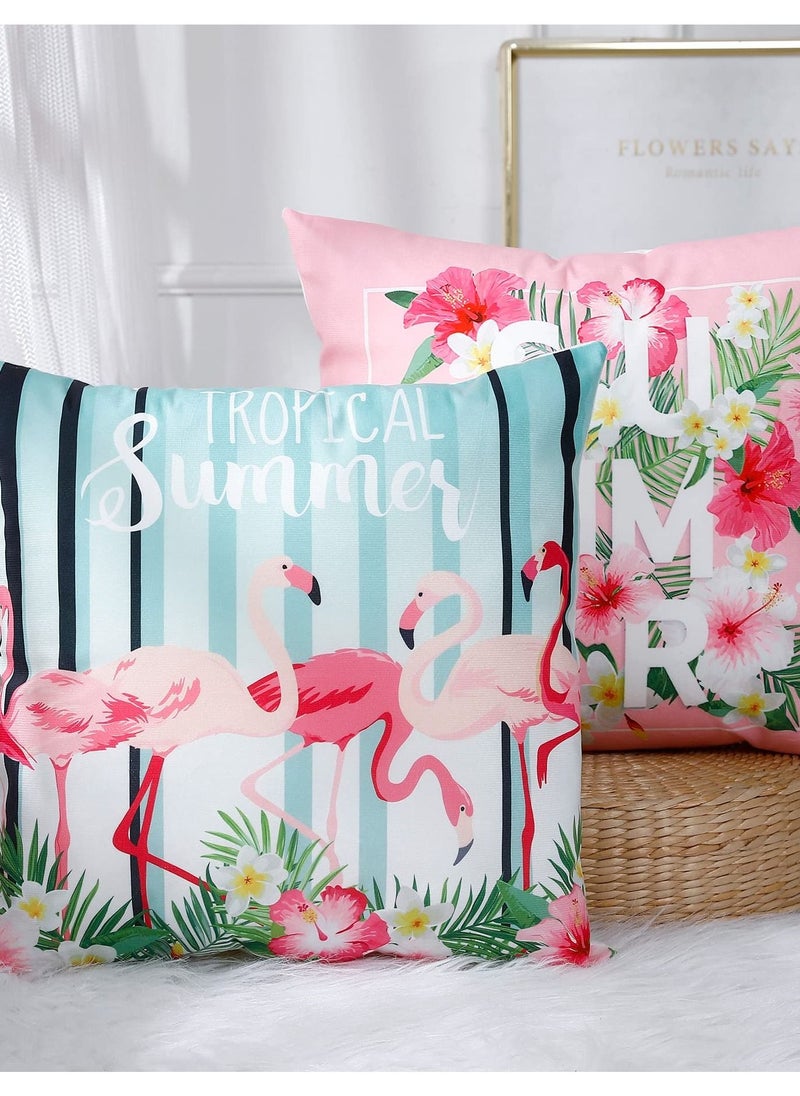 Excefore 4 Pcs Flamingo Throw Pillow Covers, 18 X 18 Inch Decorative Pink Bird Pillowcases Tropical Leaves Cushion Covers for Sofa Couch Summer Holiday Home Decor (Sets A)  - Image 2