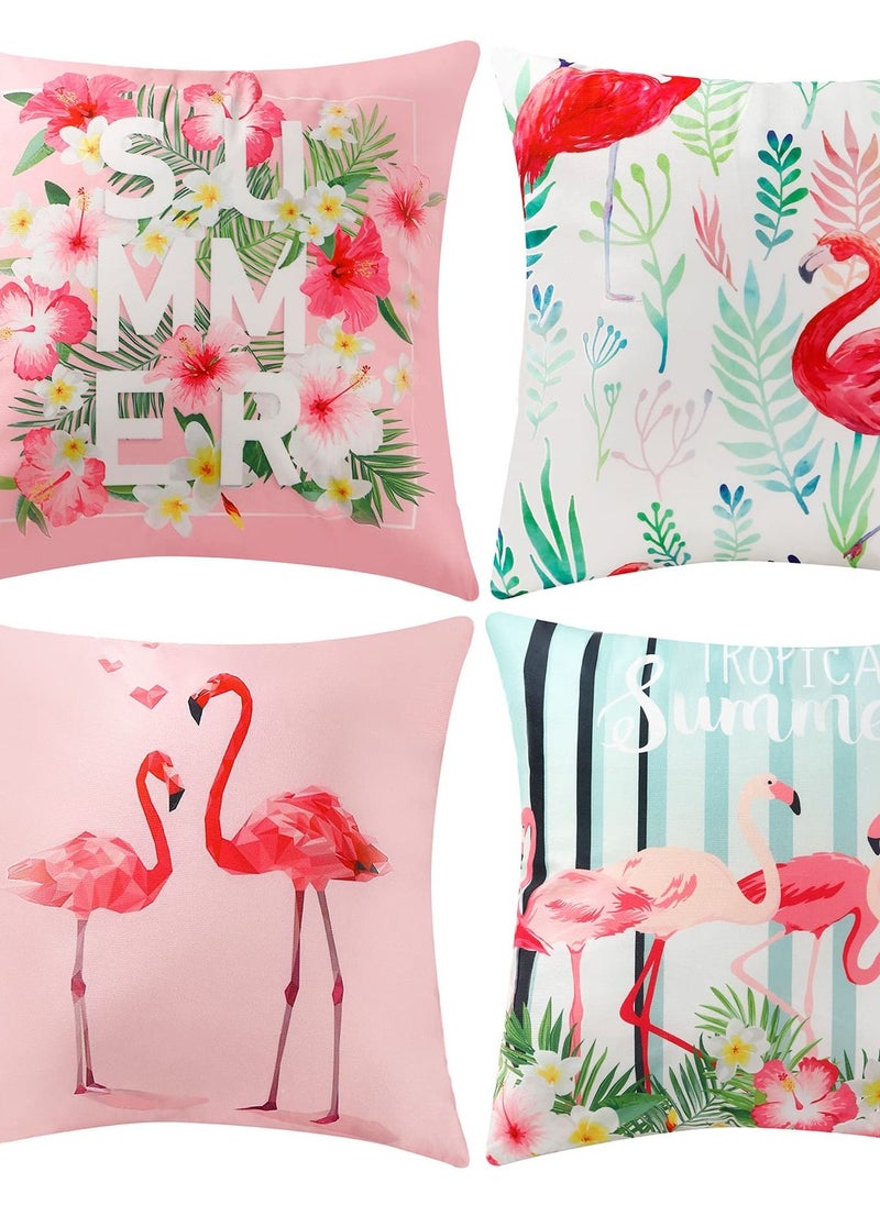 Excefore 4 Pcs Flamingo Throw Pillow Covers, 18 X 18 Inch Decorative Pink Bird Pillowcases Tropical Leaves Cushion Covers for Sofa Couch Summer Holiday Home Decor (Sets A)  - Image 1