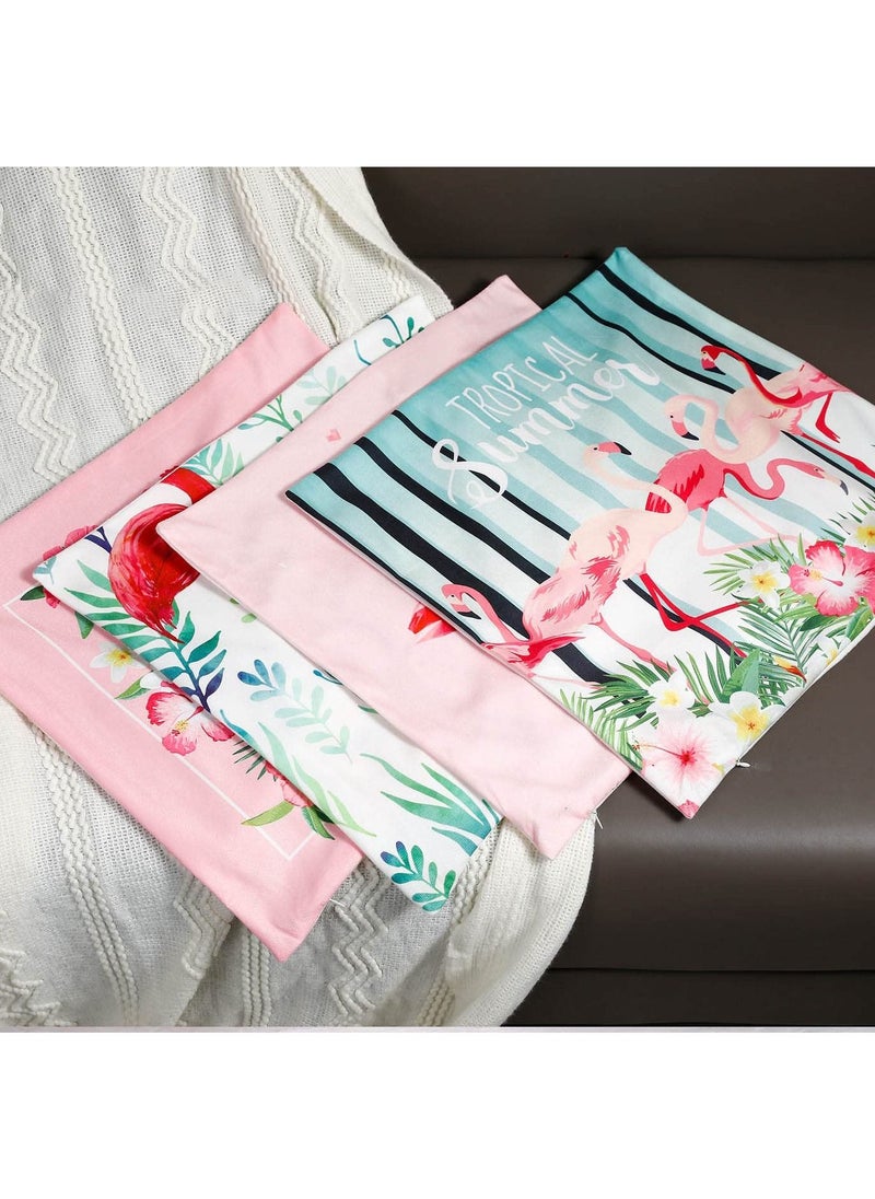 Excefore 4 Pcs Flamingo Throw Pillow Covers, 18 X 18 Inch Decorative Pink Bird Pillowcases Tropical Leaves Cushion Covers for Sofa Couch Summer Holiday Home Decor (Sets A)  - Image 3