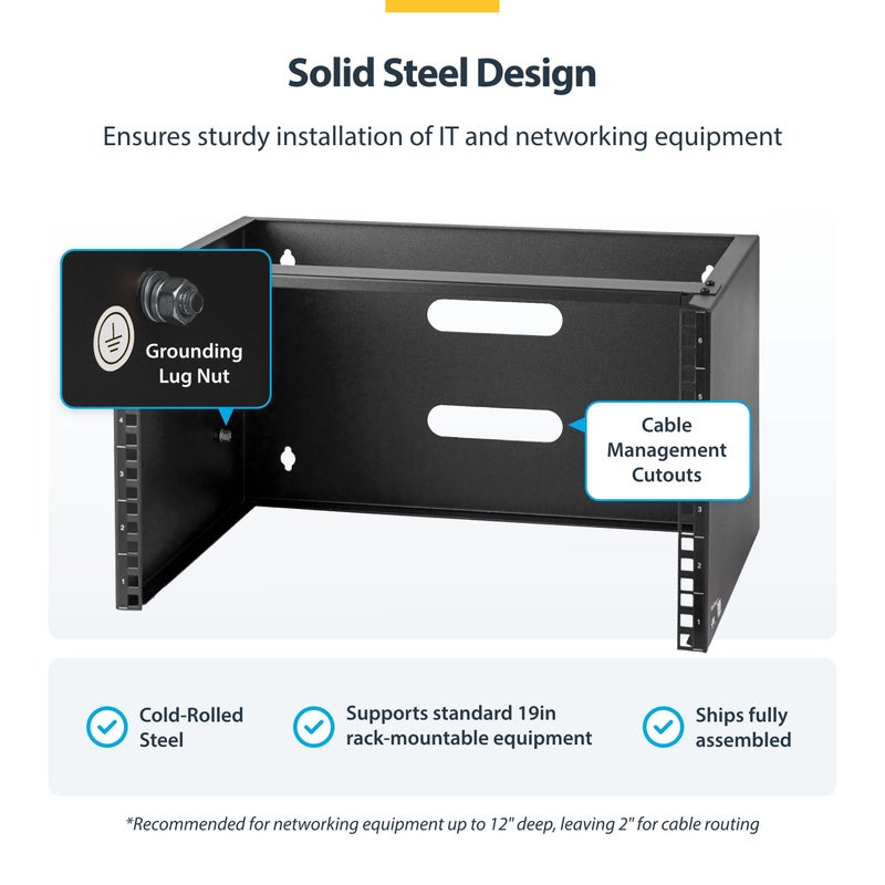 StarTech.com 6U Wall Mount Network Rack - 14 Inch Deep (Low Profile) - 19" Patch Panel Bracket for Shallow Server and IT Equipment, Network Switches - 44lbs/20kg Weight Capacity, Black (WALLMOUNT6) - Image 3