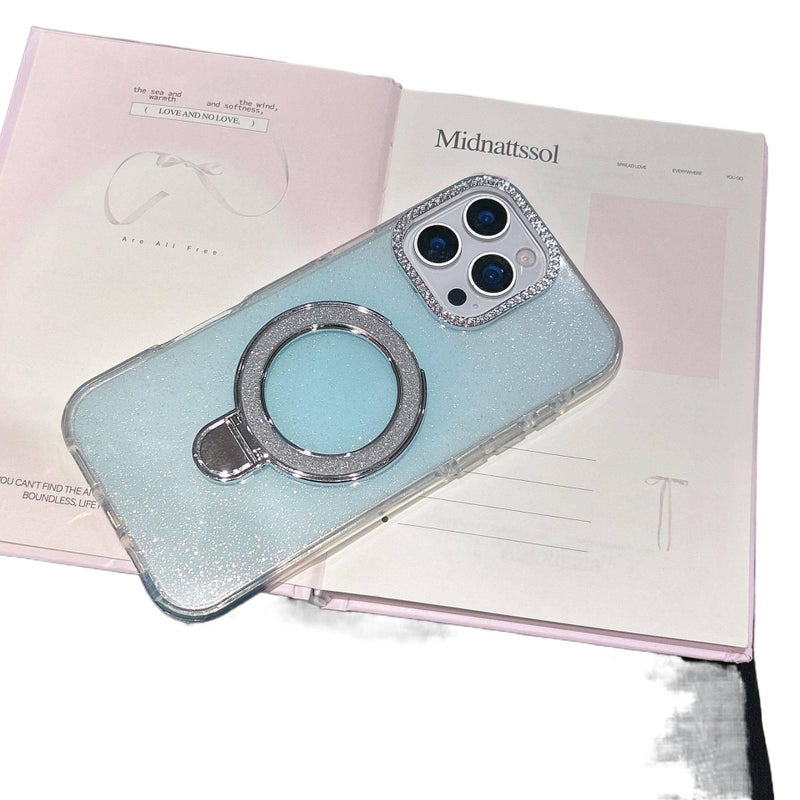 غطاء MagSafe بPC لـ iPhone 15 / 15 Plus / 15 Pro / 15 Pro Max مع حماية من السقوط وحامل قائم مع مقاوم للصدمات مع بريق لامع مع مغناطيسي باللون أزرق بوظيفة حامل باللون الأزرق - Image 1