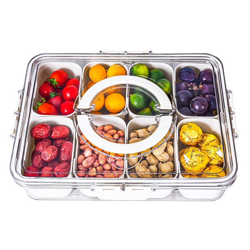 Divided Serving Tray with Lid and Handle  Snackle Box Charcuterie Container for Portable Snack Platters  Clear Organizer for Candy Fruits Nuts Snacks  Perfect for Party Entertaining