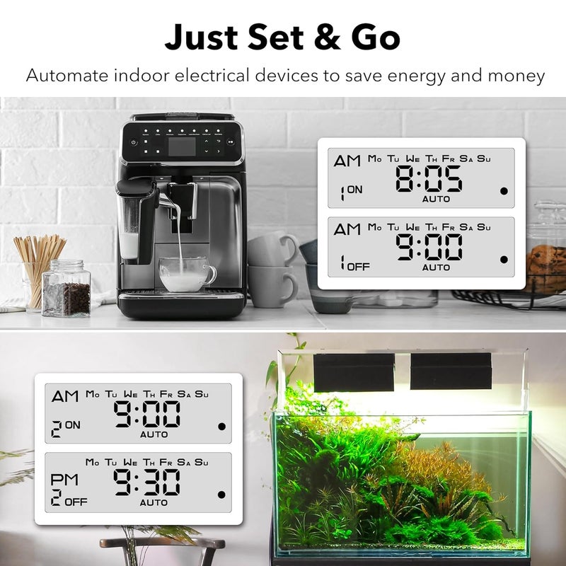 BN-LINK Indoor Digital Timer Outlet, Dual Outlet 7 Day Programmable Light Switch, 3 Prong Plug in Timers for Electrical Outlets, Lamps, Fans, 8 On/Off Programs, 1 Pack, 15A/1875W, ETL Listed - Image 4