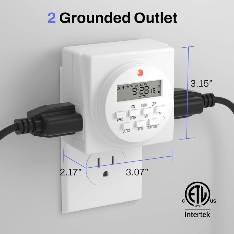 BN-LINK Indoor Digital Timer Outlet, Dual Outlet 7 Day Programmable Light Switch, 3 Prong Plug in Timers for Electrical Outlets, Lamps, Fans, 8 On/Off Programs, 1 Pack, 15A/1875W, ETL Listed - Image 2