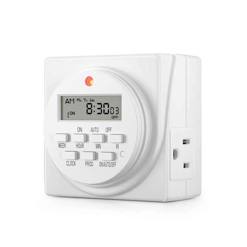 BN-LINK Indoor Digital Timer Outlet, Dual Outlet 7 Day Programmable Light Switch, 3 Prong Plug in Timers for Electrical Outlets, Lamps, Fans, 8 On/Off Programs, 1 Pack, 15A/1875W, ETL Listed - Image 1