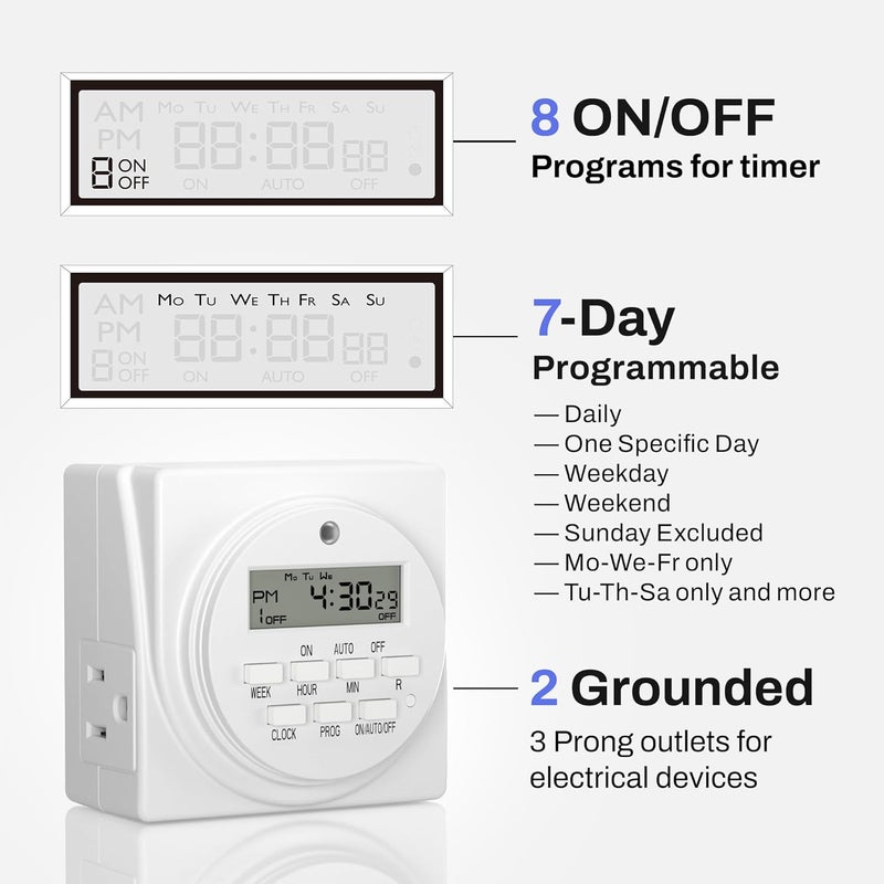 BN-LINK Indoor Digital Timer Outlet, Dual Outlet 7 Day Programmable Light Switch, 3 Prong Plug in Timers for Electrical Outlets, Lamps, Fans, 8 On/Off Programs, 1 Pack, 15A/1875W, ETL Listed - Image 3