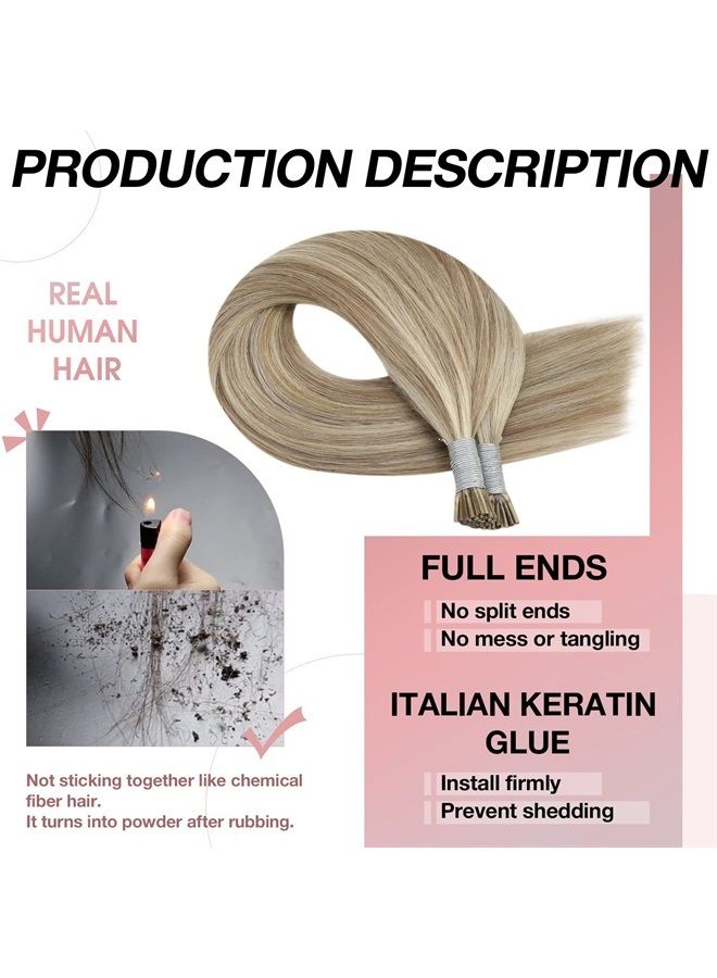 Moresoo I Tip Fusion Hair Extensions Human Hair 22 Inch Blonde Highlight Itip Hair Extensions Color #9A/60 Pre Bonded Human Hair Extensions I Tip 0.8g/Strand 40g 50 Strands