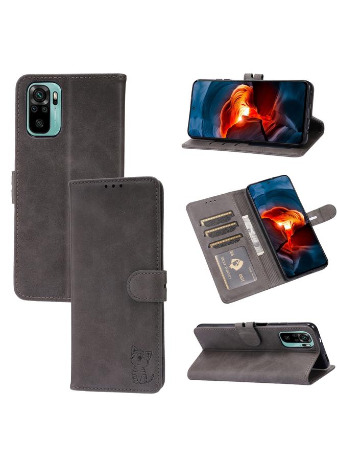 The Bros Case For Xiaomi Redmi Note 10 4G Embossed Happy Cat Pattern Horizontal Flip Leather Case with Holder & Card Slots & Wallet
