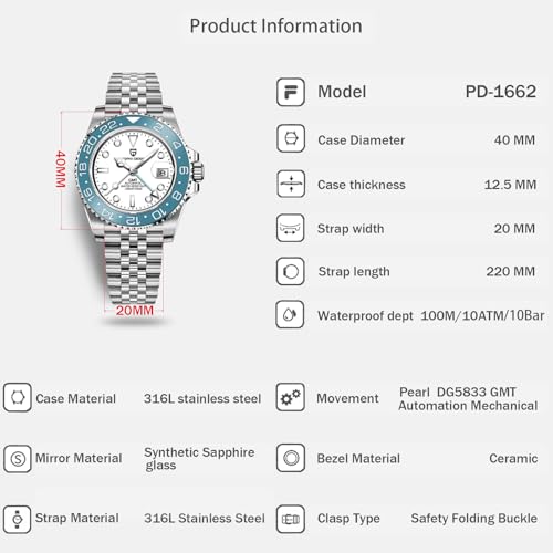 PAGRNE DESIGN ساعة رجال باجاني ديزاين GMT للرجال أوتوماتيكية 40MM تاريخ 100M مقاومة للماء من الفولاذ المقاوم للصدأ زجاج ياقوتي ميكانيكية - Image 2