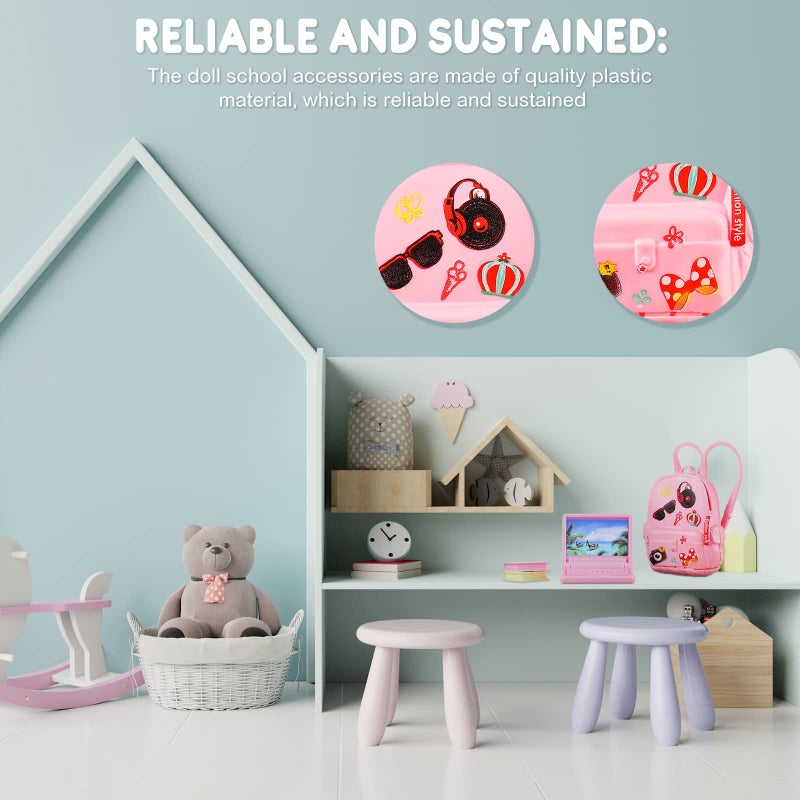 Zhanmai 21 Pieces Doll School Stuff Mini School Supplies Doll School Accessories School Playset for Dolls Mini Pink Doll Backpack Desk Lamp Laptop and Headset for 11.5 Inch Doll - Image 3