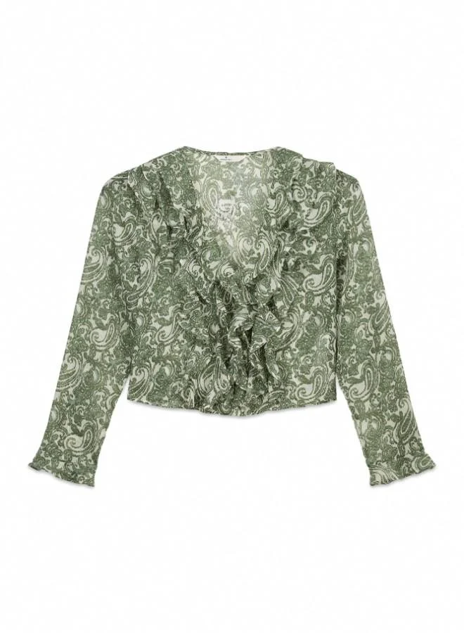 Springfield  Green printed voluminous V-neck chiffon ruffle blouse with ruffle cuffs for Women | Best Price UAE