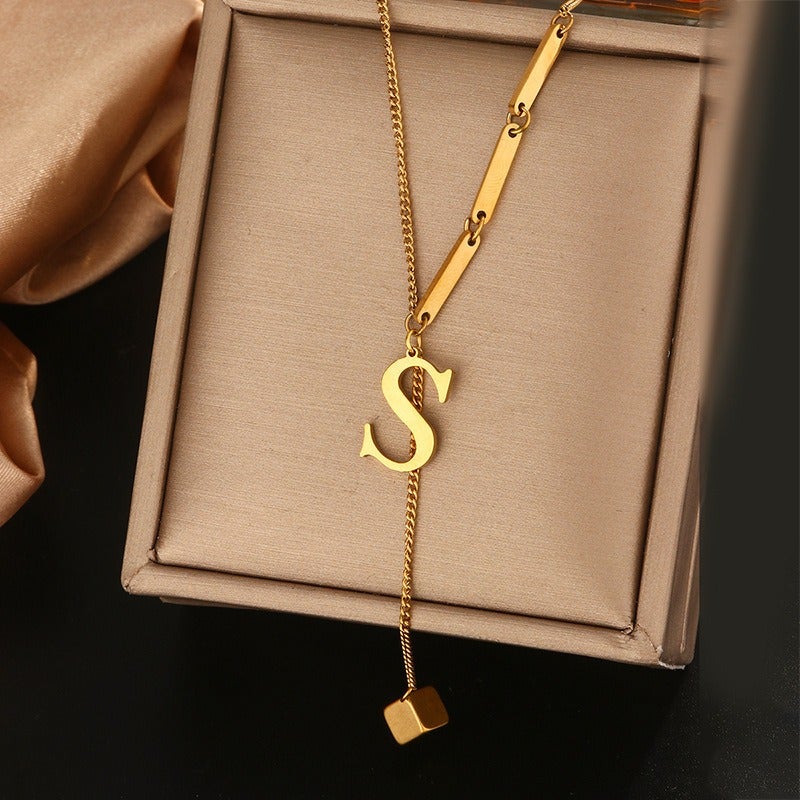 Vital Titanium Steel Tassel Collarbone Necklace for Women, 26 Letter Initial Pendant, Fade-Resistant Minimalist Jewelry