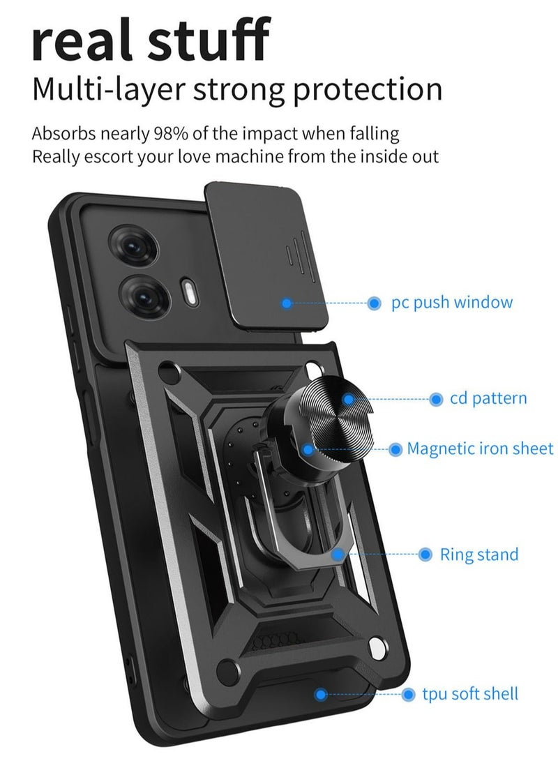 Motorola G85 5G Case Cover, Slide Camera Lens Cover, 360°Rotating Kickstand Ring, Support Magnetic Car Mount Shockproof Mobile Phone Case Black - Image 3