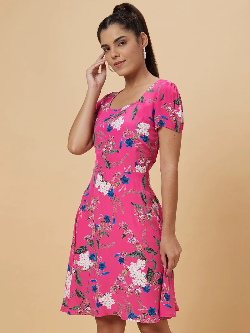 globus Women Pink Floral Print A-Line Dress