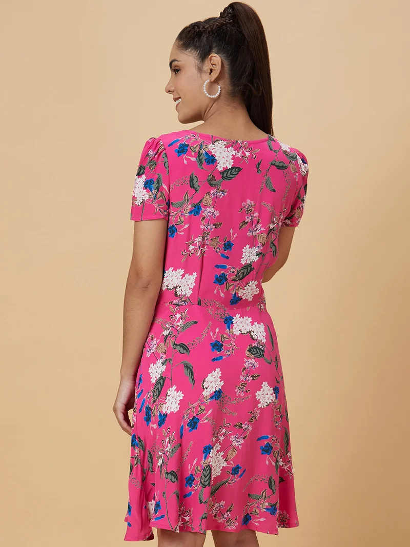 globus Women Pink Floral Print A-Line Dress
