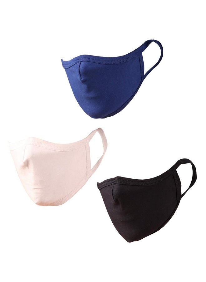 Touchstone - Soft Cotton Knitted Face Mask Medium Size Comfortable Washable Double Layer. (Pack Of 3). White Blue Black - Image 1
