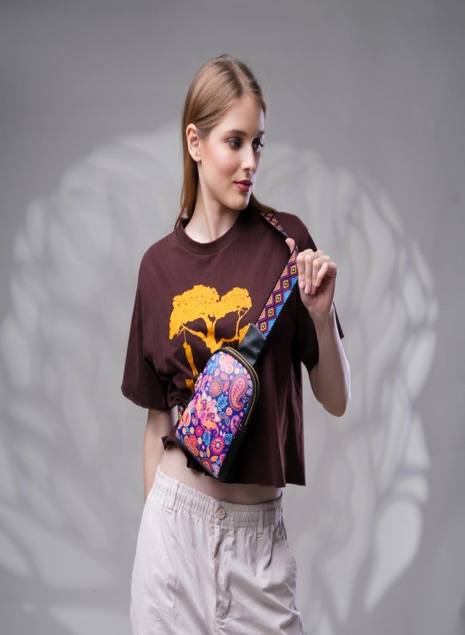 SANTORINI IndieTales Women’s Printed Crossbody Sling Bag | Faux Leather Boho Art Sling with 2 Main Compartments & Back Zip Pocket | Lightweight Small Travel Crossbody for Daily Use (Midnight Paisley) - Image 5