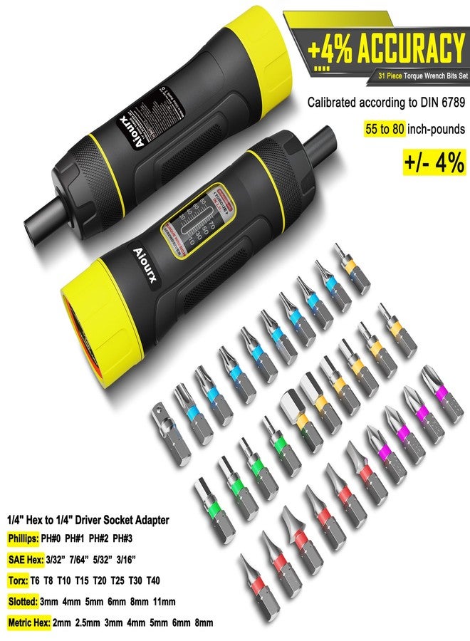 Aiourx 1/4 Inch Long Drive Torque Screwdriver Wrench Set, 10-80 in.-lb., S2 Steel, 5 in-lb increment, 32 Pcs for Bicycle Mechanics, Mechanical Equipment, Firearms Accurizing and Gunsmithing - Image 2