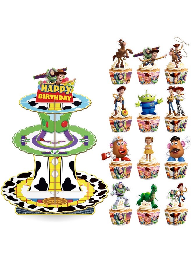 FRUITFUL PARTY 25pcs Toy Story Cake Decoration Set – 3-Tier Pixar Adventure Cake Stand with Cupcake Wrappers and Cake Toppers, Toy Story Birthday Party Supplies for Dessert Table Decorations - Image 1