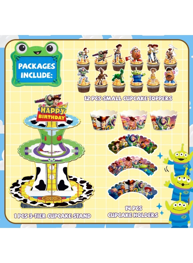 FRUITFUL PARTY 25pcs Toy Story Cake Decoration Set – 3-Tier Pixar Adventure Cake Stand with Cupcake Wrappers and Cake Toppers, Toy Story Birthday Party Supplies for Dessert Table Decorations - Image 3